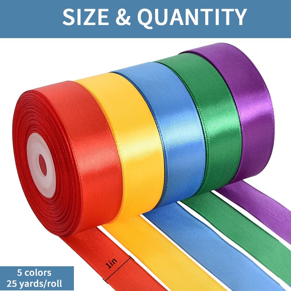 Satin Ribbon Rolls 5 Colors, 1 Inch X 125 Yards Fabric Ribbon For Gift Wrapping, Wedding, Party Decor, Bows And Crafts